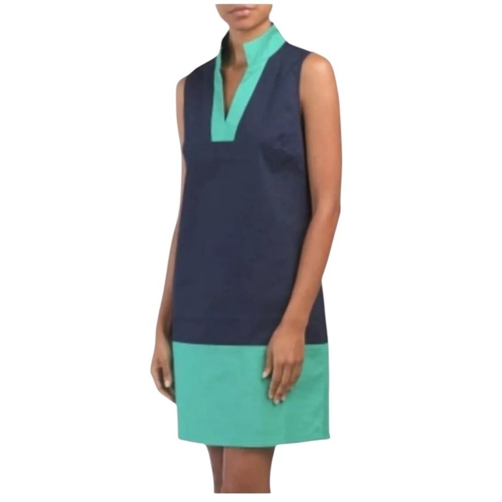 Sail to Sable v-neck navy and green cotton spandex sheath dress preppy
